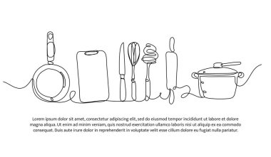 Yemek pişirme ekipmanlarının kesintisiz dizaynı. Beyaz üzerine çizilmiş tek çizgi dekoratif ögesi.