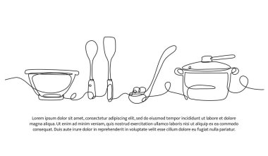 Yemek pişirme ekipmanlarının kesintisiz dizaynı. Beyaz üzerine çizilmiş tek çizgi dekoratif ögesi.