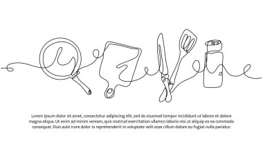 Mutfak aletlerinin kesintisiz dizaynı. Beyaz üzerine çizilmiş tek çizgi dekoratif ögesi.
