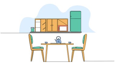 Mutfak içinin vektör çizimi. Devamlı çizgi biçiminde modern düz.