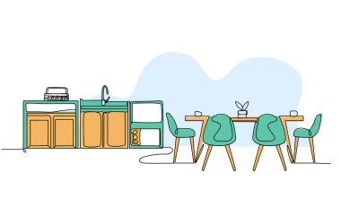 Mutfak içinin vektör çizimi. Devamlı çizgi biçiminde modern düz.