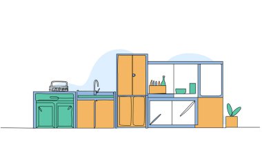 Mutfak içinin vektör çizimi. Devamlı çizgi biçiminde modern düz.