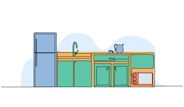 Mutfak içinin vektör çizimi. Devamlı çizgi biçiminde modern düz.