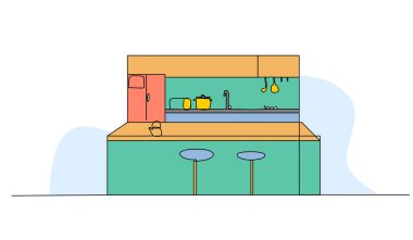 Mutfak içinin vektör çizimi. Devamlı çizgi biçiminde modern düz.