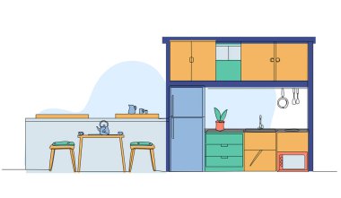 Mutfak içinin vektör çizimi. Devamlı çizgi biçiminde modern düz.