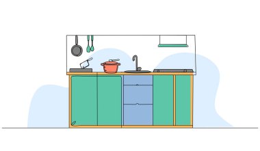 Mutfak içinin vektör çizimi. Devamlı çizgi biçiminde modern düz.