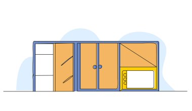 Mutfak içinin vektör çizimi. Devamlı çizgi biçiminde modern düz.