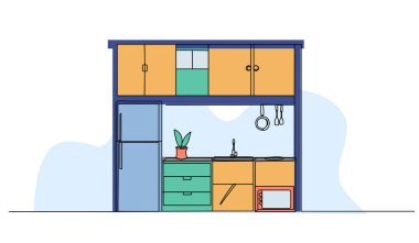 Mutfak içinin vektör çizimi. Devamlı çizgi biçiminde modern düz.