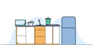 Mutfak içinin vektör çizimi. Devamlı çizgi biçiminde modern düz.
