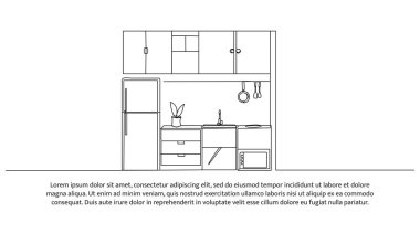 Mutfak iç dekorasyonunun sürekli bir dizaynı. Beyaz arkaplanda minimalist biçim vektör çizimi.