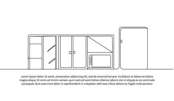 Mutfak iç dekorasyonunun sürekli bir dizaynı. Beyaz arkaplanda minimalist biçim vektör çizimi.