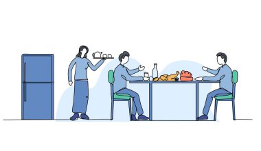 Aileyle yemek yemenin vektör çizimi. Devamlı çizgi biçiminde modern düz.