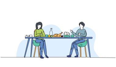 Bir kadın ve erkeğin vektör çizimi akşam yemeği yiyorlar. Devamlı çizgi biçiminde modern düz.
