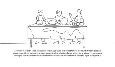 Birlikte yemek yemenin kesintisiz çizgisi. Beyaz üzerine çizilmiş tek çizgi dekoratif ögesi.