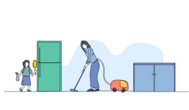Aileyle yerleri temizlemenin vektör çizimi. Devamlı çizgi biçiminde modern düz.