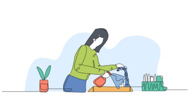 Bir kadının vektör çizimi lavaboyu temizliyor. Devamlı çizgi biçiminde modern düz.