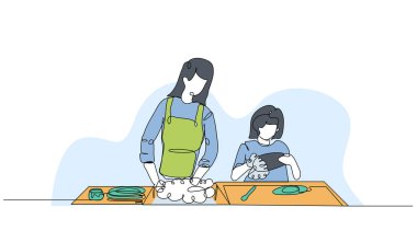 Anne ve kızının vektör çizimi bulaşıkları yıkıyor. Devamlı çizgi biçiminde modern düz.