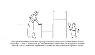 Aileyle zemini temizlemek için sürekli bir çizgi dizaynı. Beyaz arkaplanda minimalist biçim vektör çizimi.