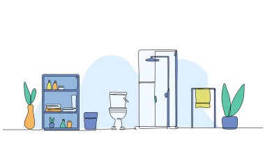 Banyo içinin vektör çizimi. Devamlı çizgi biçiminde modern düz.