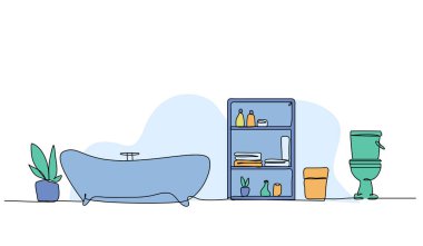 Banyo içinin vektör çizimi. Devamlı çizgi biçiminde modern düz.