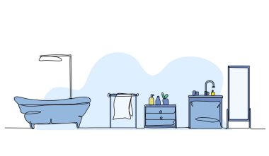 Banyo içinin vektör çizimi. Devamlı çizgi biçiminde modern düz.