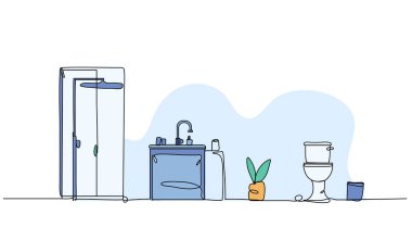 Banyo içinin vektör çizimi. Devamlı çizgi biçiminde modern düz.