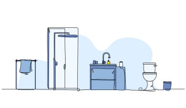 Banyo içinin vektör çizimi. Devamlı çizgi biçiminde modern düz.