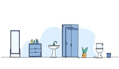 Banyo içinin vektör çizimi. Devamlı çizgi biçiminde modern düz.