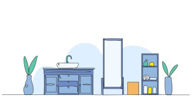 Banyo içinin vektör çizimi. Devamlı çizgi biçiminde modern düz.