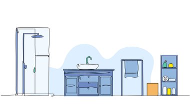 Banyo içinin vektör çizimi. Devamlı çizgi biçiminde modern düz.