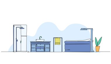 Banyo içinin vektör çizimi. Devamlı çizgi biçiminde modern düz.