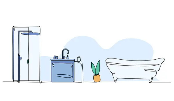 Banyo içinin vektör çizimi. Devamlı çizgi biçiminde modern düz.