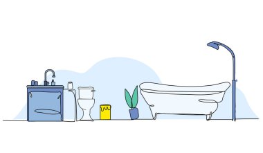 Banyo içinin vektör çizimi. Devamlı çizgi biçiminde modern düz.
