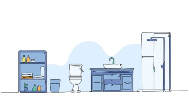 Banyo içinin vektör çizimi. Devamlı çizgi biçiminde modern düz.