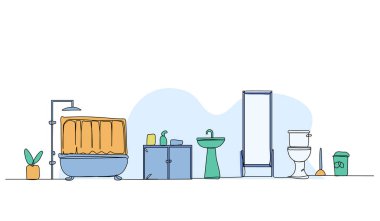 Banyo içinin vektör çizimi. Devamlı çizgi biçiminde modern düz.