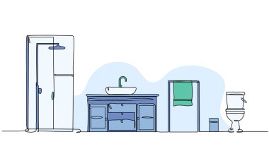 Banyo içinin vektör çizimi. Devamlı çizgi biçiminde modern düz.