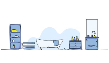 Banyo içinin vektör çizimi. Devamlı çizgi biçiminde modern düz.