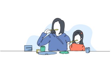 Birinin vektör çizimi dişlerini fırçalıyor. Devamlı çizgi biçiminde modern düz.