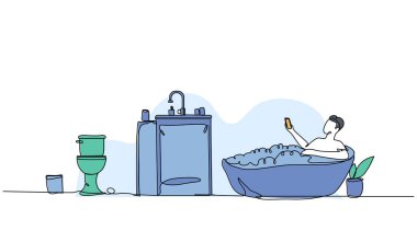 Bir adamın vektör çizimi küvette sırılsıklam oluyor. Devamlı çizgi biçiminde modern düz.