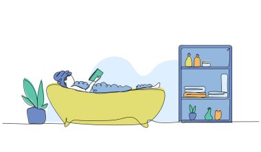 Bir kadının vektör çizimi küvette sırılsıklam oluyor. Devamlı çizgi biçiminde modern düz.