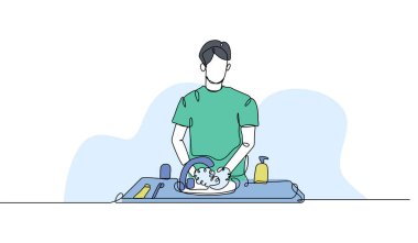 Bir adamın vektör çizimi lavaboda bulaşıkları yıkamaktır. Devamlı çizgi biçiminde modern düz.
