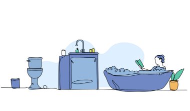 Bir kadının vektör çizimi, kitap okurken küvette sırılsıklam olmasıdır. Devamlı çizgi biçiminde modern düz.