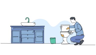 Bir adamın vektör çizimi tuvaleti temizlemektir. Devamlı çizgi biçiminde modern düz.