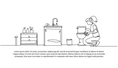 Bir kadının devamlı dizaynı tuvaleti temizlemektir. Beyaz arkaplanda minimalist biçim vektör çizimi.