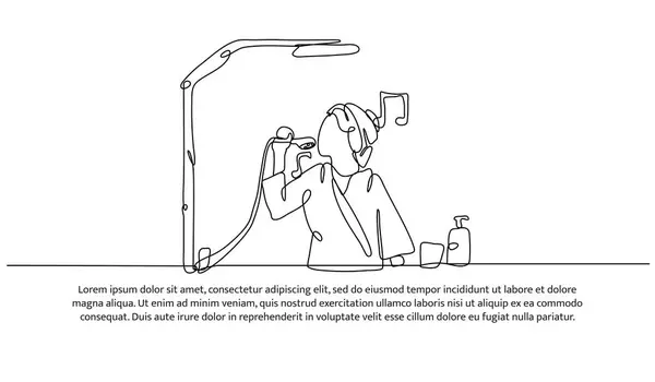 Bir kadının kesintisiz dizaynı banyoda şarkı söylerken duş almaktır. Beyaz arkaplanda minimalist biçim vektör çizimi.