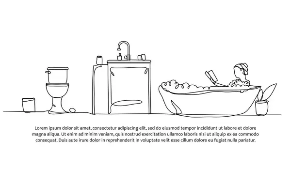 Devamlı bir kadın dizaynı kitap okurken küvette sırılsıklam oluyor. Beyaz arkaplanda minimalist biçim vektör çizimi.