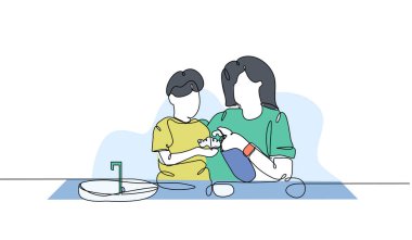 Bir annenin vektör çizimi bir çocuğa ellerini lavaboda yıkamayı öğretir. Devamlı çizgi biçiminde modern düz.