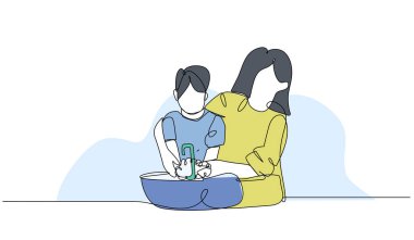 Bir annenin vektör çizimi bir çocuğa ellerini lavaboda yıkamayı öğretir. Devamlı çizgi biçiminde modern düz.