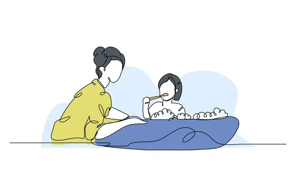 Bir annenin vektör çizimi banyoda ıslanırken çocuğunu yıkıyor. Devamlı çizgi biçiminde modern düz.