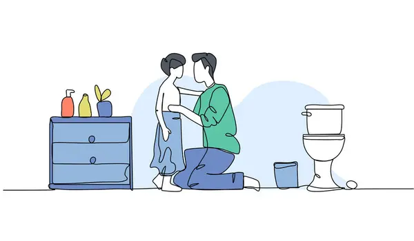 Bir babanın vektör çizimi oğlunu yıkamayı bitirir. Devamlı çizgi biçiminde modern düz.